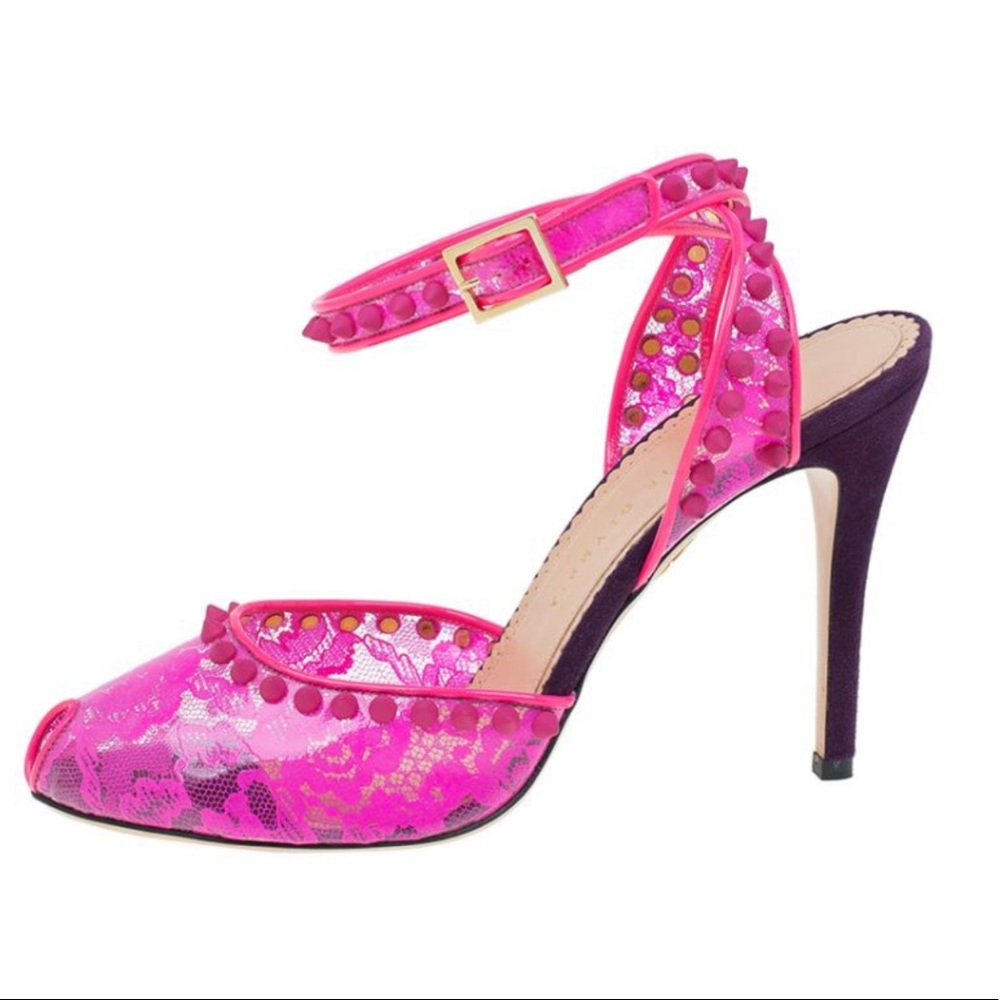 Charlotte Olympia Pink Lace Print Studded Heels
